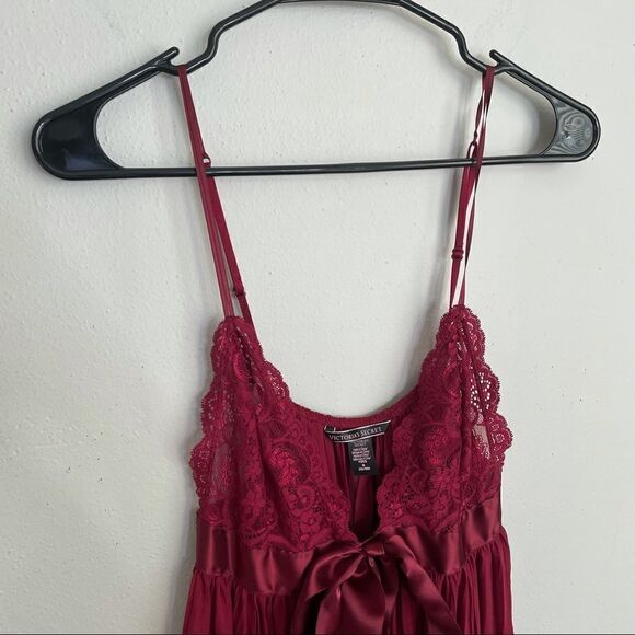 Victoria's Secret Burgundy Pleated Bow Babydoll Flyaway Lace Slip Vintage Dress - Picture 10 of 13
